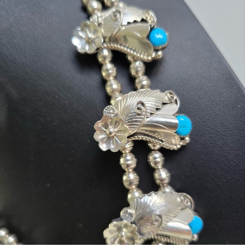 Sterling Silver 925 and Turquoise Floral Squash Blossom Necklace - Picture 5 of 16